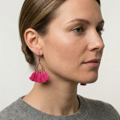 Boho Earrings Tassels Bright Pink 55x30mm