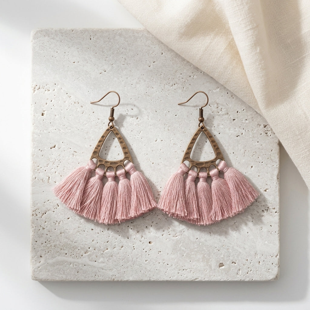 Boho Earrings Tassels Pink 55x30mm