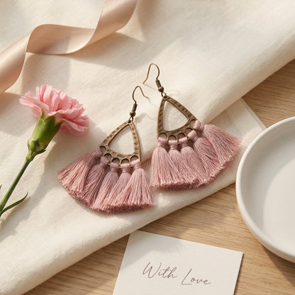 Boho Earrings Tassels Pink 55x30mm