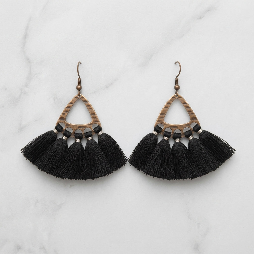 Boho Earrings with Tassels – Black 55x30mm