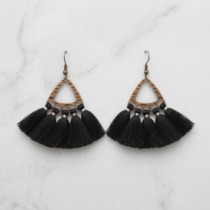 Boho Earrings with Tassels – Black 55x30mm