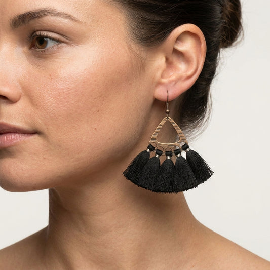 Boho Earrings with Tassels – Black 55x30mm