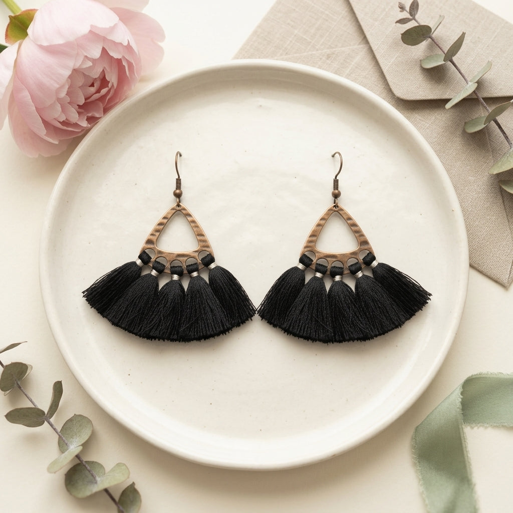 Boho Earrings with Tassels – Black 55x30mm