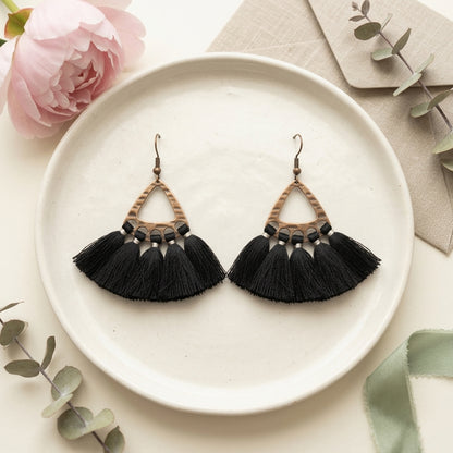 Boho Earrings with Tassels – Black 55x30mm