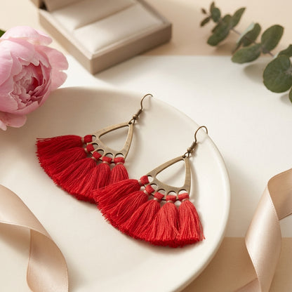 Boho Earrings with Tassels – Red 55x30mm