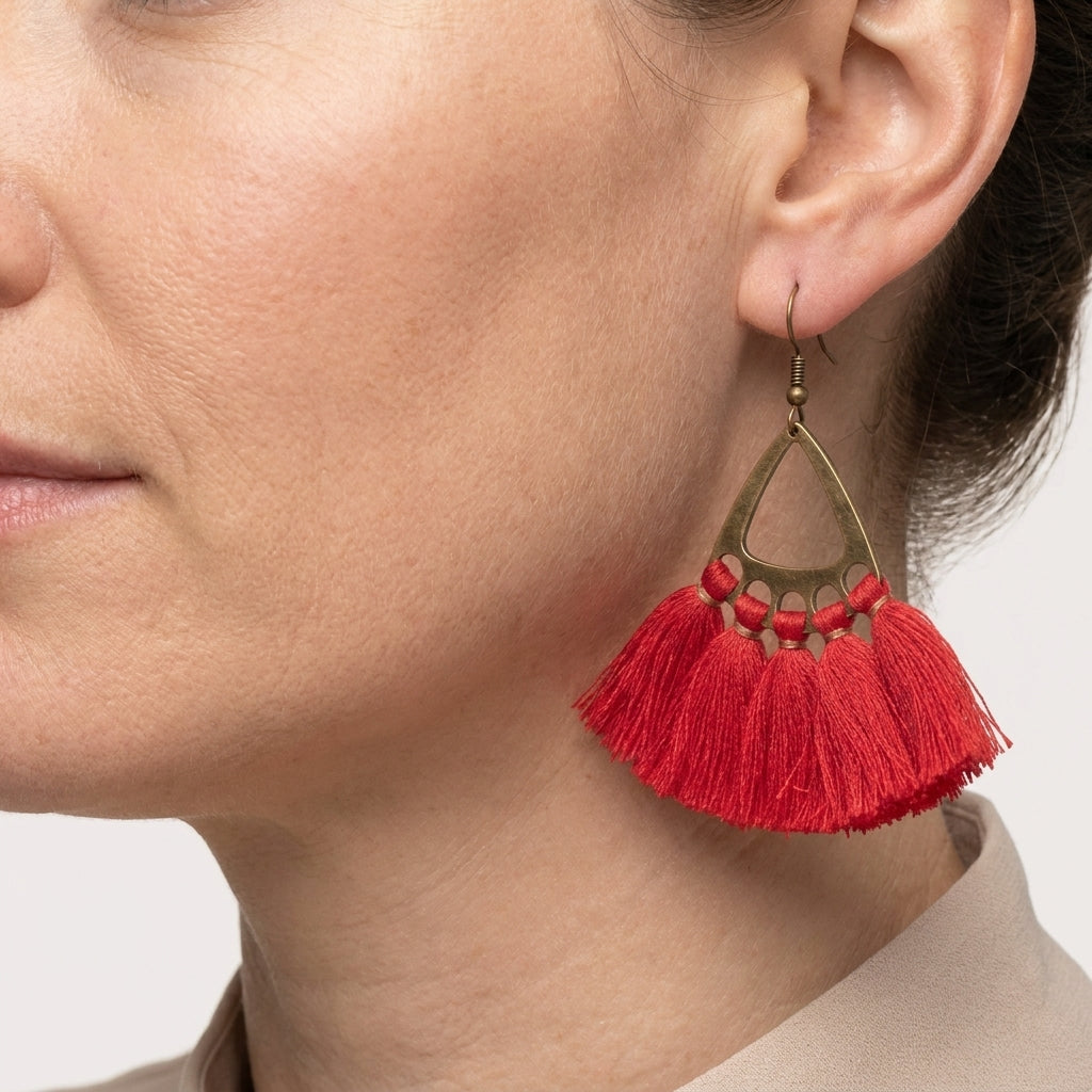 Boho Earrings with Tassels – Red 55x30mm
