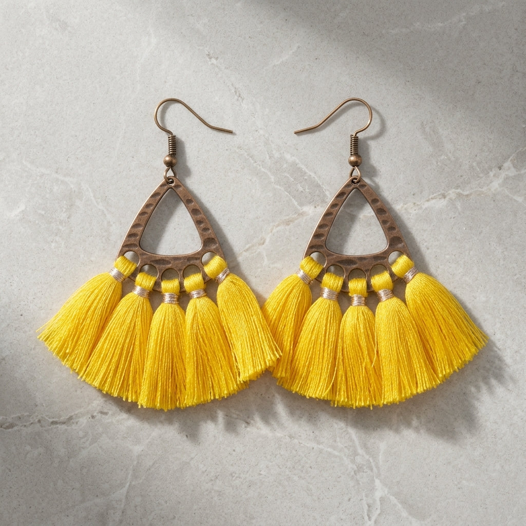 Boho Earrings with Tassels Yellow 55x30mm