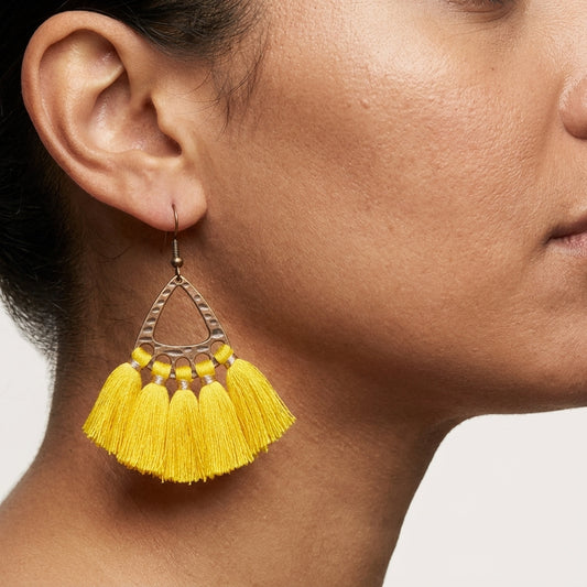 Boho Earrings with Tassels Yellow 55x30mm