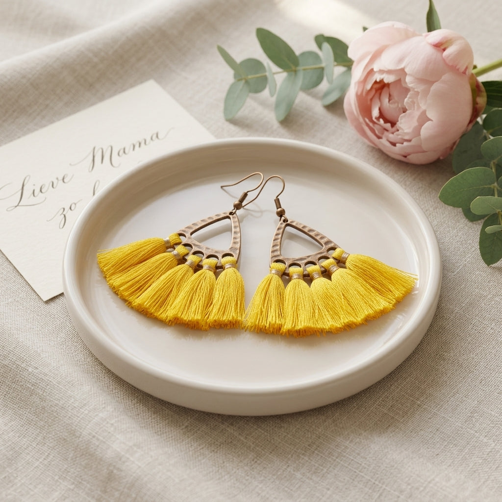 Boho Earrings with Tassels Yellow 55x30mm