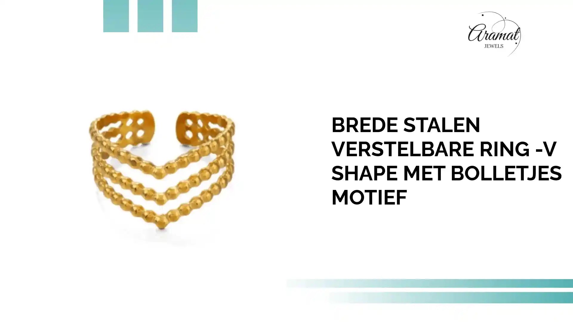 Brede Stalen verstelbare ring -V shape met bolletjes motief by@Outfy