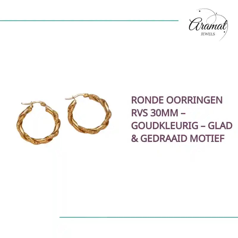 Ronde Oorringen RVS 30mm &ndash; Goudkleurig &ndash; Glad & Gedraaid Motief by@Outfy