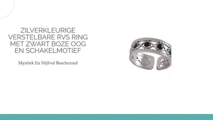 Zilverkleurige Verstelbare RVS Ring met Zwart Boze Oog en Schakelmotief by@Outfy