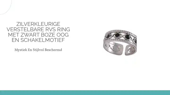 Zilverkleurige Verstelbare RVS Ring met Zwart Boze Oog en Schakelmotief by@Outfy