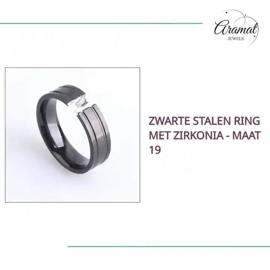 Zwarte Stalen Ring met Zirkonia - Maat 19 by@Outfy