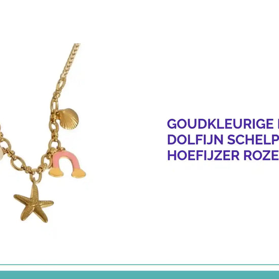 Goudkleurige Bedelketting Dolfijn Schelp Parel Zeester Hoefijzer Roze Emaille RVS by@Outfy
