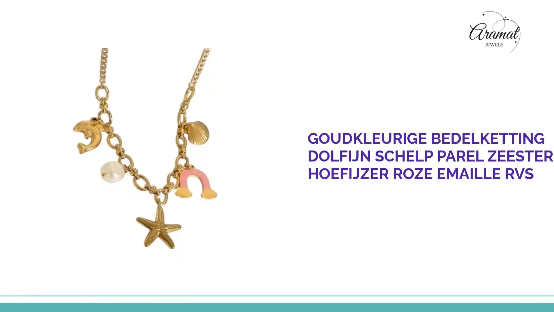 Goudkleurige Bedelketting Dolfijn Schelp Parel Zeester Hoefijzer Roze Emaille RVS by@Outfy
