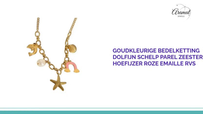 Goudkleurige Bedelketting Dolfijn Schelp Parel Zeester Hoefijzer Roze Emaille RVS by@Outfy
