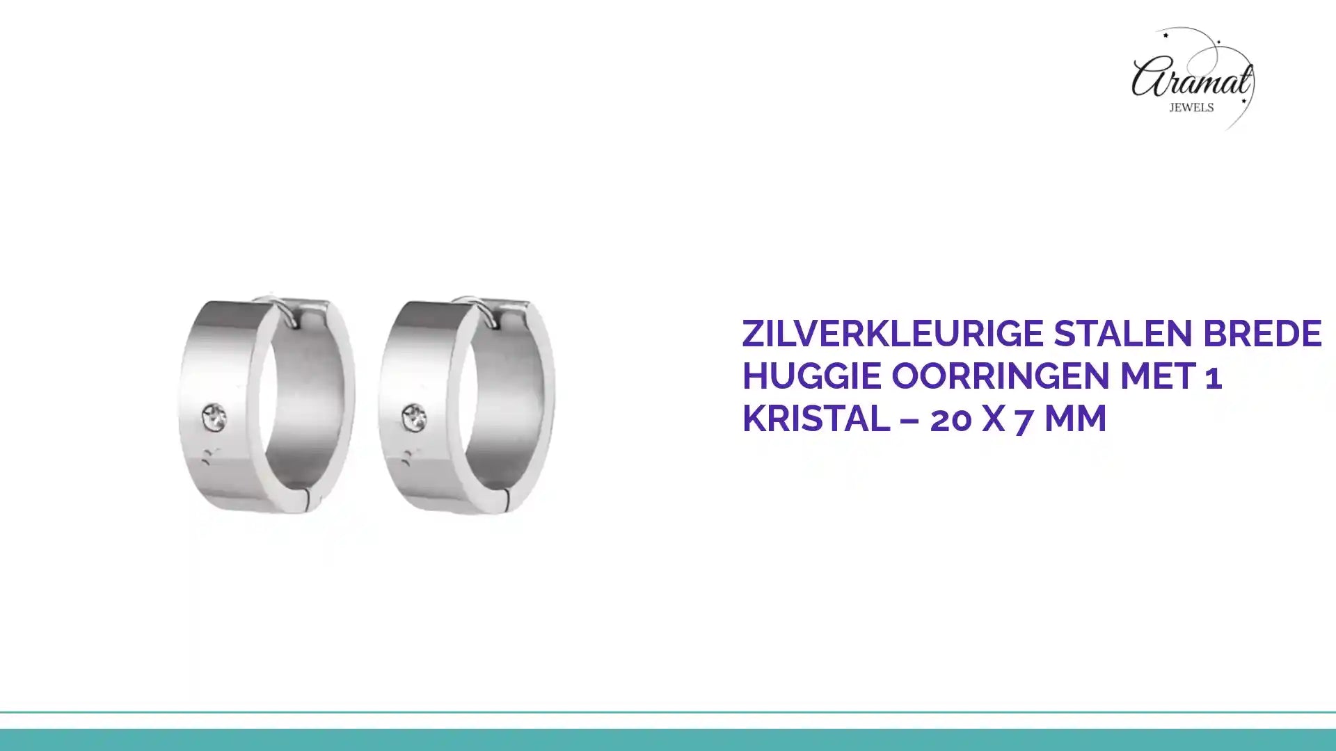 Zilverkleurige Stalen Brede Huggie Oorringen met 1 Kristal &ndash; 20 x 7 mm by@Outfy