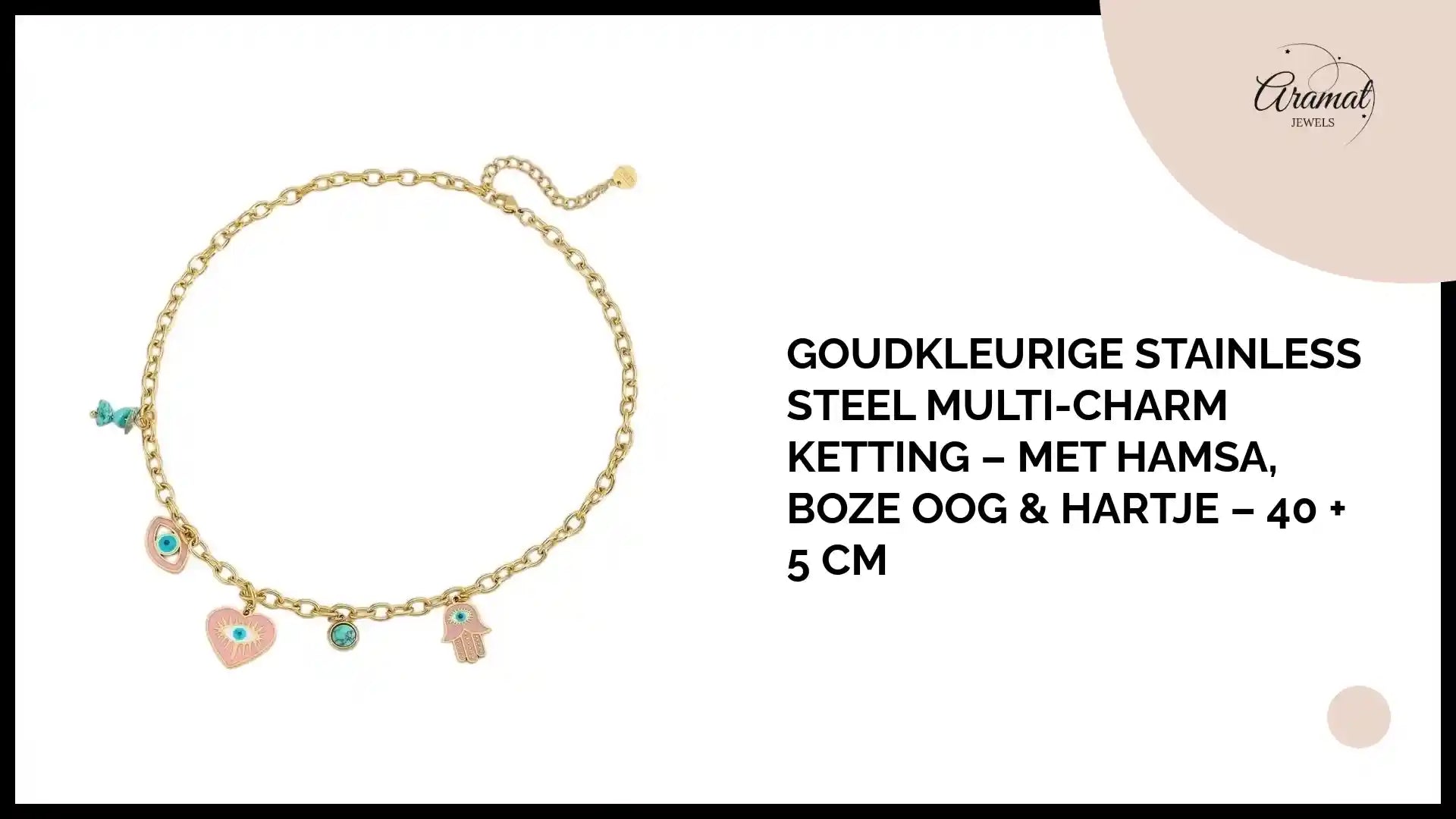 Goudkleurige stainless steel multi-charm ketting &ndash; met hamsa, boze oog & hartje &ndash; 40 + 5 cm by@Outfy