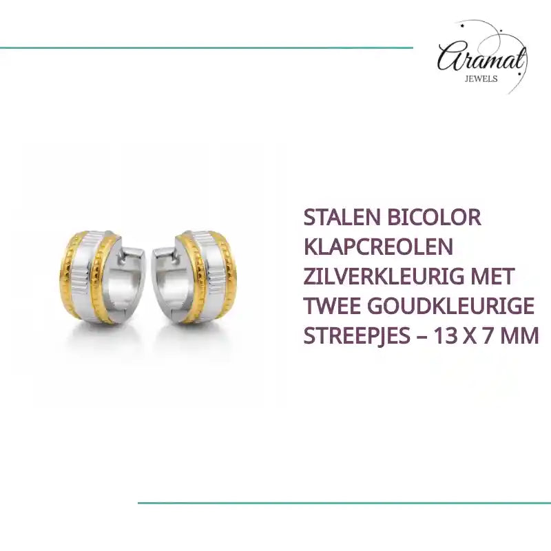 Stalen Bicolor Klapcreolen Zilverkleurig met Twee Goudkleurige Streepjes &ndash; 13 x 7 mm by@Outfy