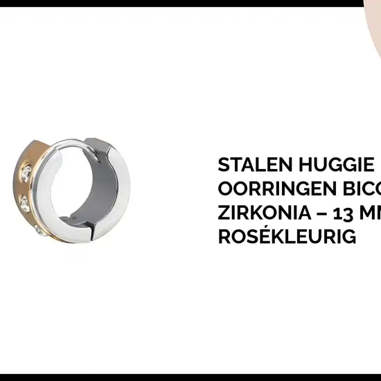 Stalen Huggie Oorringen Bicolor met Zirkonia &ndash; 13 mm Zilver &amp; Ros&eacute;kleurig by@Outfy