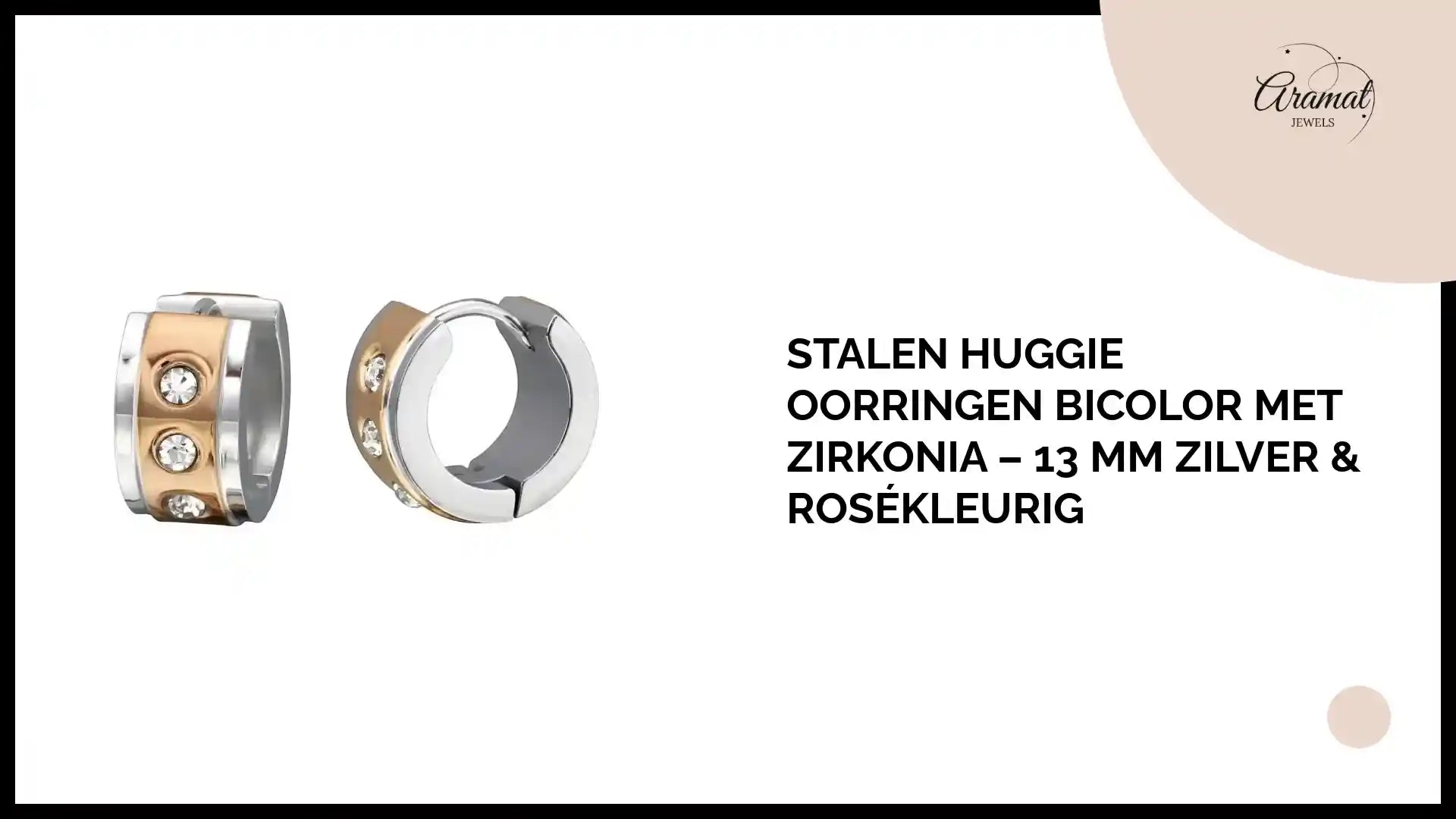 Stalen Huggie Oorringen Bicolor met Zirkonia &ndash; 13 mm Zilver & Ros&eacute;kleurig by@Outfy