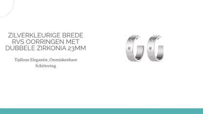 Zilverkleurige Brede RVS Oorringen met Dubbele Zirkonia 23mm by@Outfy