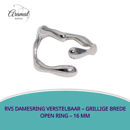 RVS Damesring Verstelbaar &ndash; Grillige Brede Open Ring &ndash; 16 mm by@Outfy