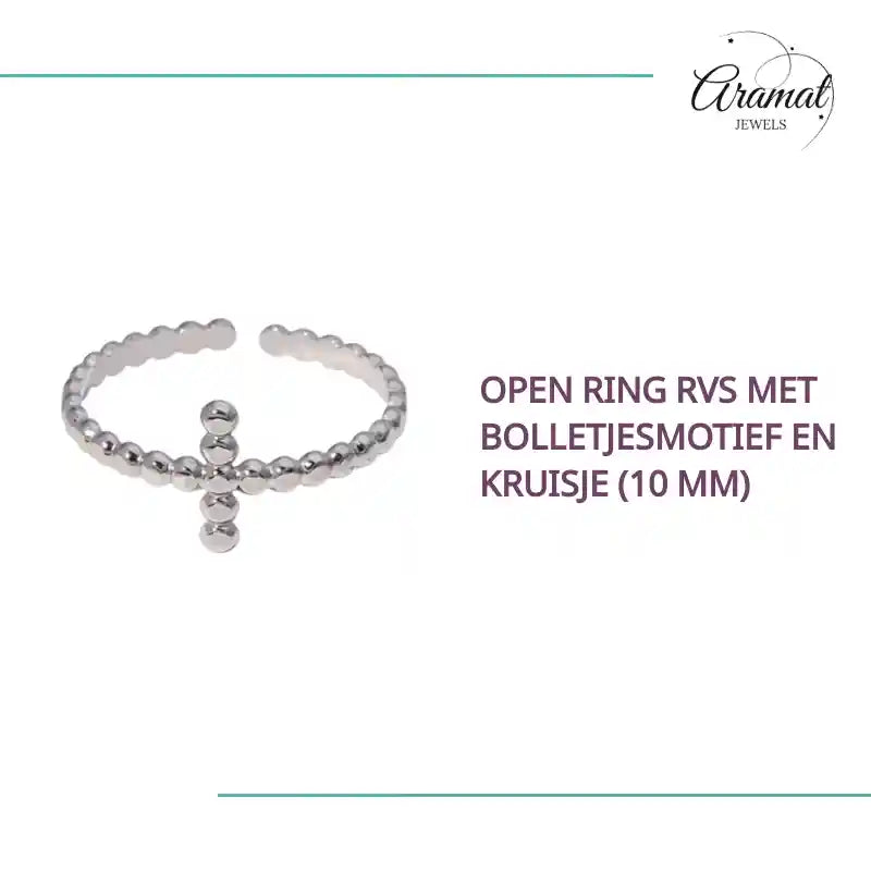 Open Ring RVS met Bolletjesmotief en Kruisje (10 mm) by@Outfy