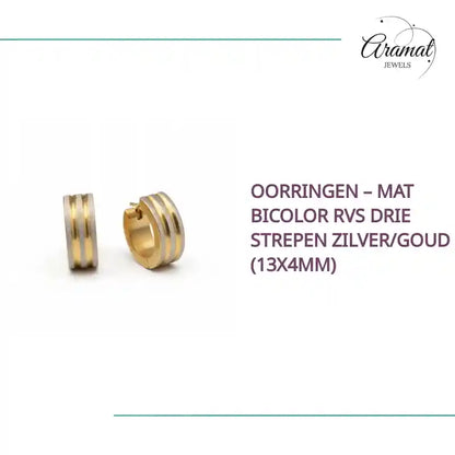 Oorringen &ndash; Mat Bicolor RVS Drie Strepen Zilver/Goud (13x4mm) by@Outfy