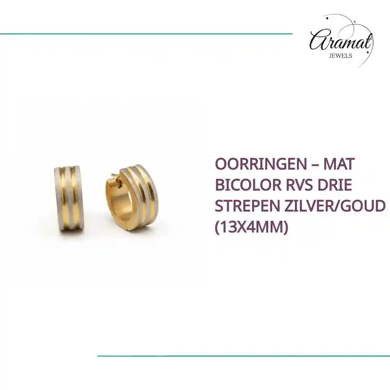 Oorringen &ndash; Mat Bicolor RVS Drie Strepen Zilver/Goud (13x4mm) by@Outfy