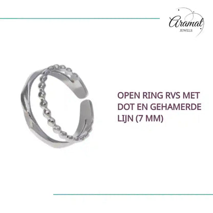 Open Ring RVS met Dot en Gehamerde Lijn (7 mm) by@Outfy