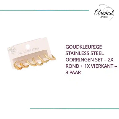 Goudkleurige stainless steel oorringen set &ndash; 2x rond + 1x vierkant &ndash; 3 paar by@Outfy