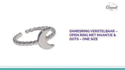 Damesring Verstelbaar &ndash; Open Ring met Maantje &amp; Dots &ndash; One Size by@Outfy