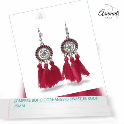 Zomerse Boho Oorhangers Kwastjes Rood 75mm by@Outfy