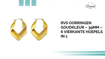 RVS Oorringen Goudkleur &ndash; 39mm &ndash; 6 Vierkante Hoepels in 1 by@Outfy
