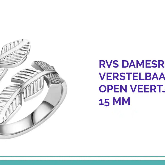 RVS Damesring Verstelbaar &ndash; Brede Open Veertjesvorm &ndash; 15 mm by@Outfy