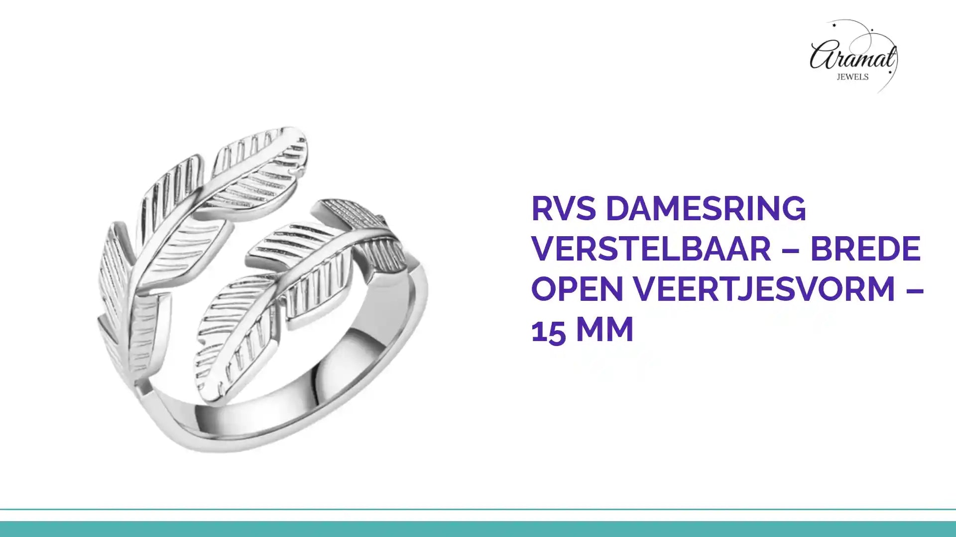 RVS Damesring Verstelbaar &ndash; Brede Open Veertjesvorm &ndash; 15 mm by@Outfy