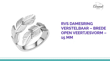 RVS Damesring Verstelbaar &ndash; Brede Open Veertjesvorm &ndash; 15 mm by@Outfy