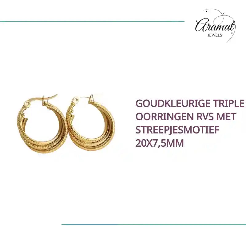 Goudkleurige Triple Oorringen RVS met Streepjesmotief 20x7,5mm by@Outfy
