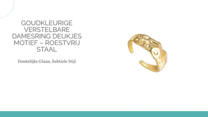 Goudkleurige Verstelbare Damesring Deukjes Motief &ndash; Roestvrij Staal by@Outfy