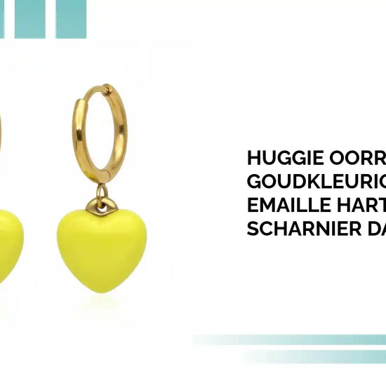 Huggie Oorringen Goudkleurig met Geel Emaille Hartje &ndash; 14mm Scharnier Dames by@Outfy