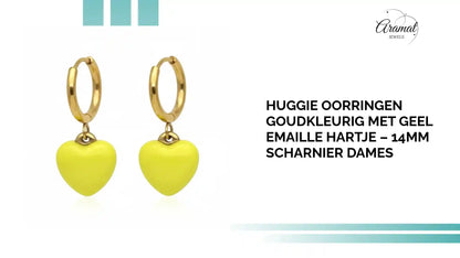 Huggie Oorringen Goudkleurig met Geel Emaille Hartje &ndash; 14mm Scharnier Dames by@Outfy