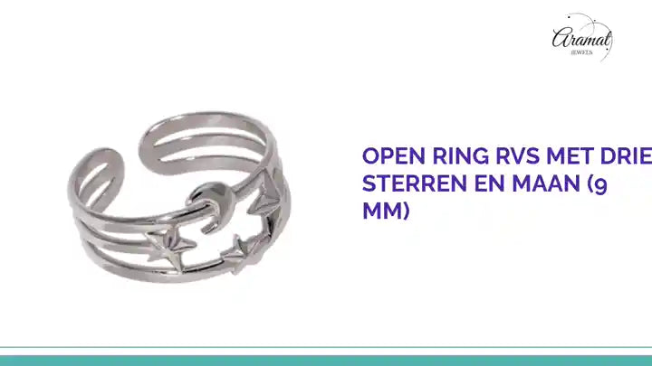 Open Ring RVS met Drie Sterren en Maan (9 mm) by@Outfy
