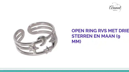 Open Ring RVS met Drie Sterren en Maan (9 mm) by@Outfy