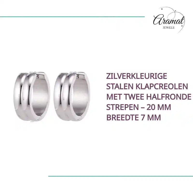 Zilverkleurige Stalen Klapcreolen met Twee Halfronde Strepen &ndash; 20 mm Breedte 7 mm by@Outfy