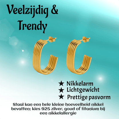 Rechthoekige Oorstekers Streepjesmotief Goudkleurig Staal - Aramat Jewels - RVS Sieraden - Oorbellen - cadeautip