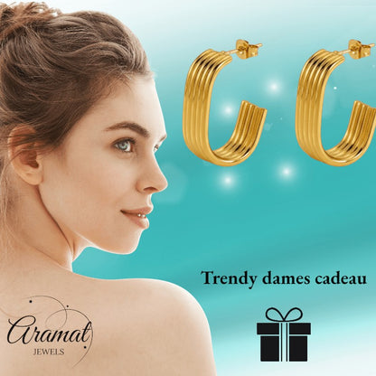 Rechthoekige Oorstekers Streepjesmotief Goudkleurig Staal - Aramat Jewels - RVS Sieraden - Oorbellen - cadeautip
