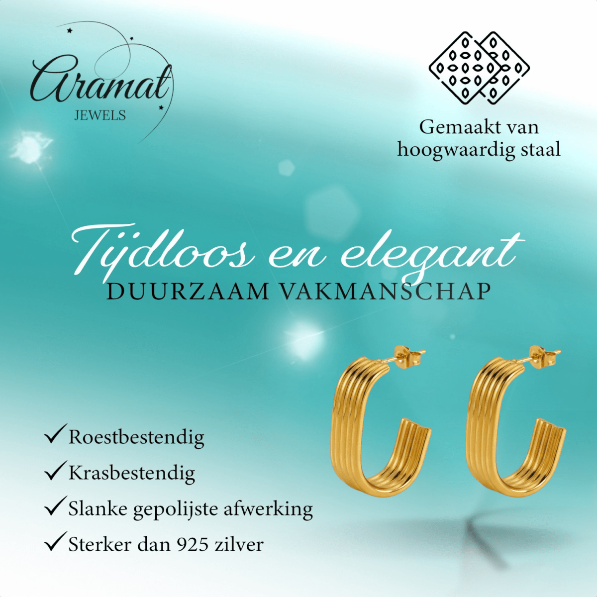 Rechthoekige Oorstekers Streepjesmotief Goudkleurig Staal - Aramat Jewels - RVS Sieraden - Oorbellen - cadeautip