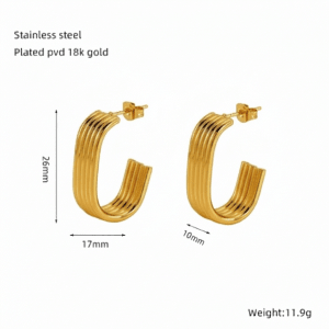 Rechthoekige Oorstekers Streepjesmotief Goudkleurig Staal - Aramat Jewels - RVS Sieraden - Oorbellen - cadeautip